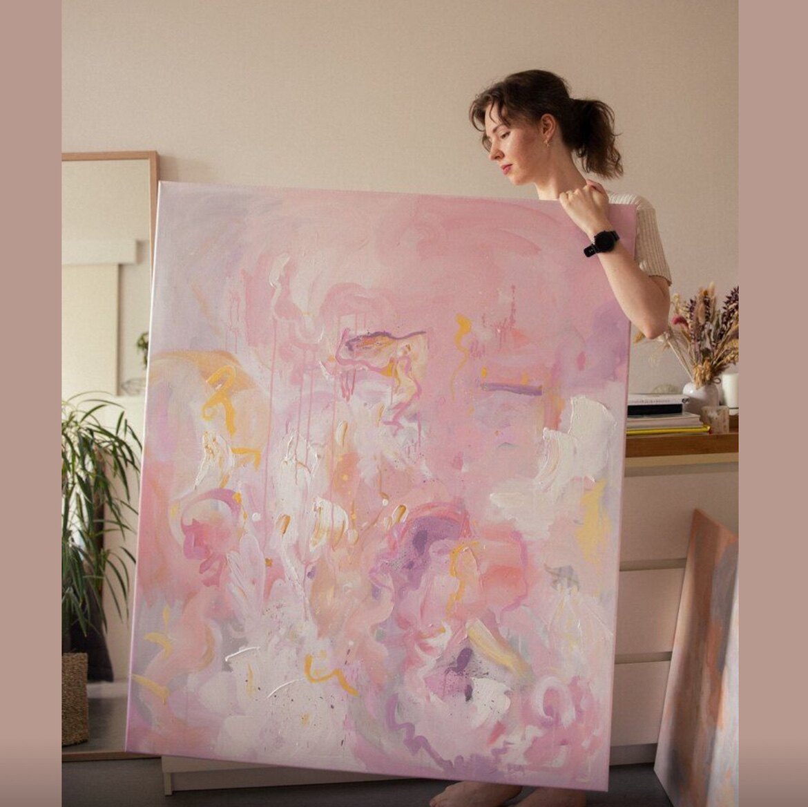 粉色抽象纯手绘装饰画油画丙烯画
