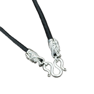 原创S925银龙衔牛皮挂绳项链绳银吊坠绳狼牙挂坠绳活扣绳黑牛皮绳