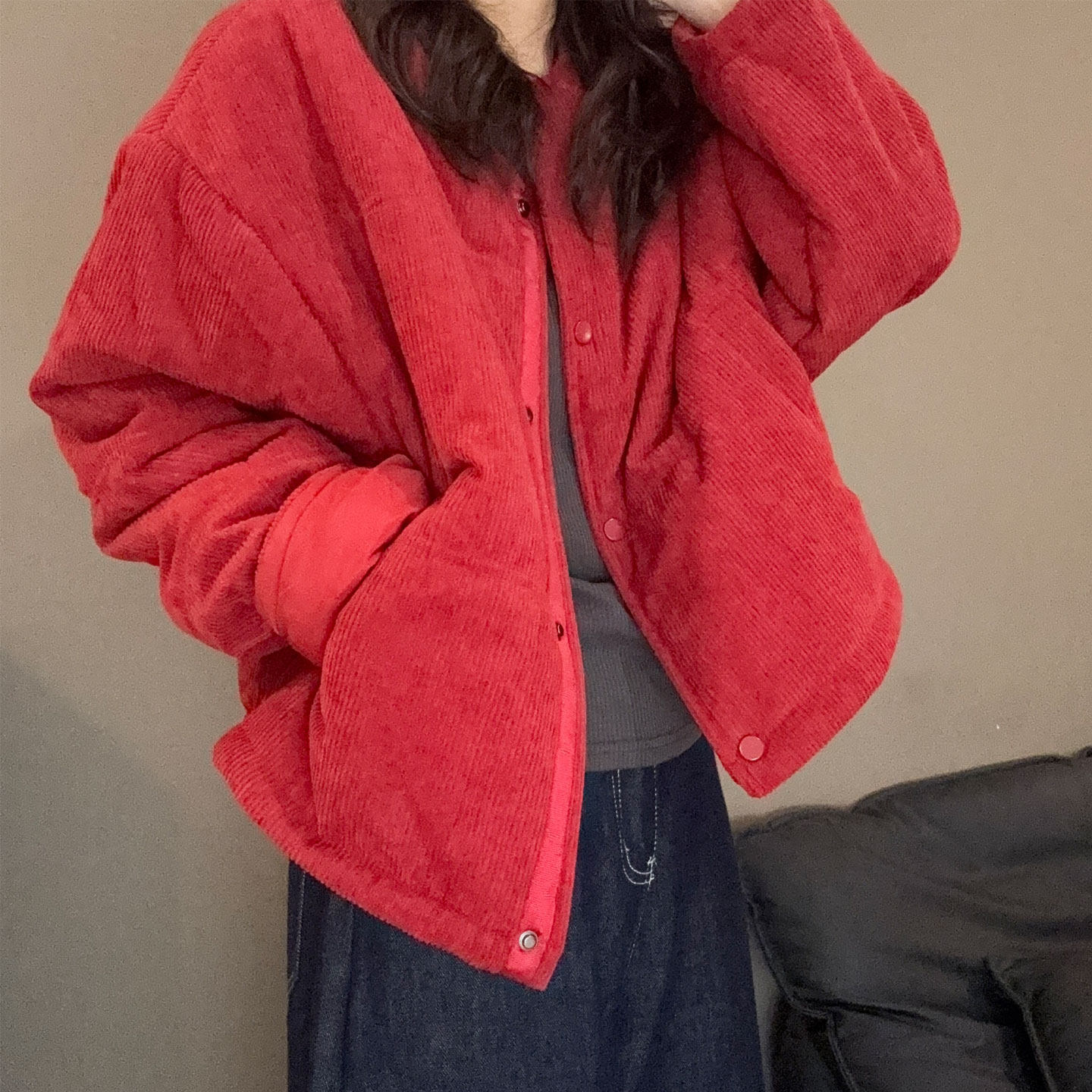 韩版灯芯绒夹棉小棉袄复古宽松圆领秋冬棉服条绒小个面包服25259