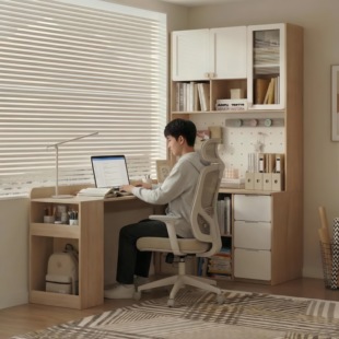 可比熊实木转角书桌书架一体北欧儿童书柜组合学习桌L型电脑桌