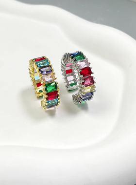 彩色锆石戒指女设计小众时尚开口戒高级感简约百搭食指戒