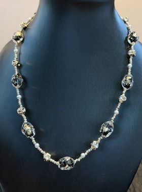 水晶玻璃珠项链女金属链条透明黑色吊坠锁骨链朋克风