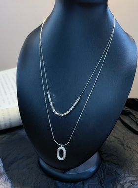 韩版双层项链女小众设计感简约百搭银色锁骨链银方块皮绳吊坠