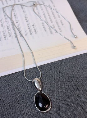 轻奢设计师款黑色玛瑙水滴吊坠长款项链女毛衣链