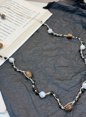 小众设计感串珠项链女长款珍珠吊坠编织颈链毛衣链配饰