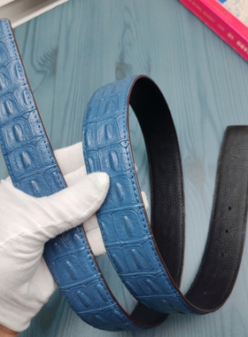 3.8无头皮带高档宝蓝鳄鱼纹真皮头层牛皮青年男士大牌H扣平替腰带