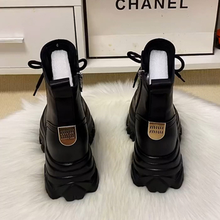 潮牌真皮马丁靴女内增高8cm单靴新款2025加绒小个子秋冬厚底短靴