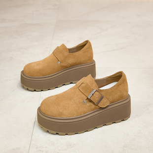 欧货磨砂真皮厚底松糕小个子内增高勃肯鞋一脚蹬乐福鞋大头鞋女鞋