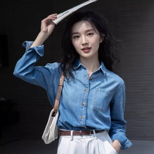 复古港风蓝色牛仔衬衫女款叠穿春秋季POLO领衬衣修身高端上衣外套