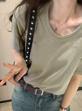 韩版基础款短袖t恤女夏2025新款垫肩宽松半袖体恤纯色低圆领上衣