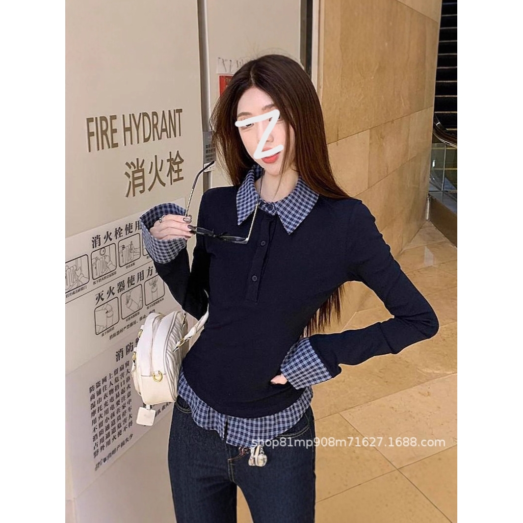 跨境藏蓝polo领假两件内搭打底衬衣女秋季设计感修身长袖t恤上衣