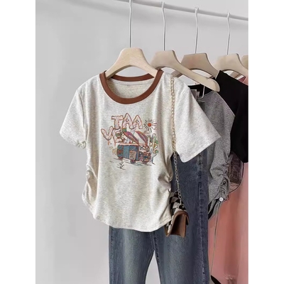 小清新夏季短款T恤女大码胖mm收腰显瘦上衣ins韩版休闲风修身短袖