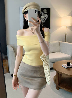 法式独特绝美黄色一字肩短袖针织衫女2025夏季新款气质露肩小上衣