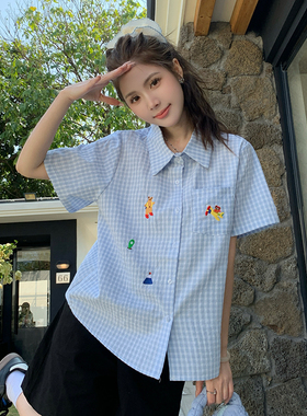 通勤开衫刺绣格子衬衫女长袖衬衣日系宽松休闲法式百搭显瘦上衣薄