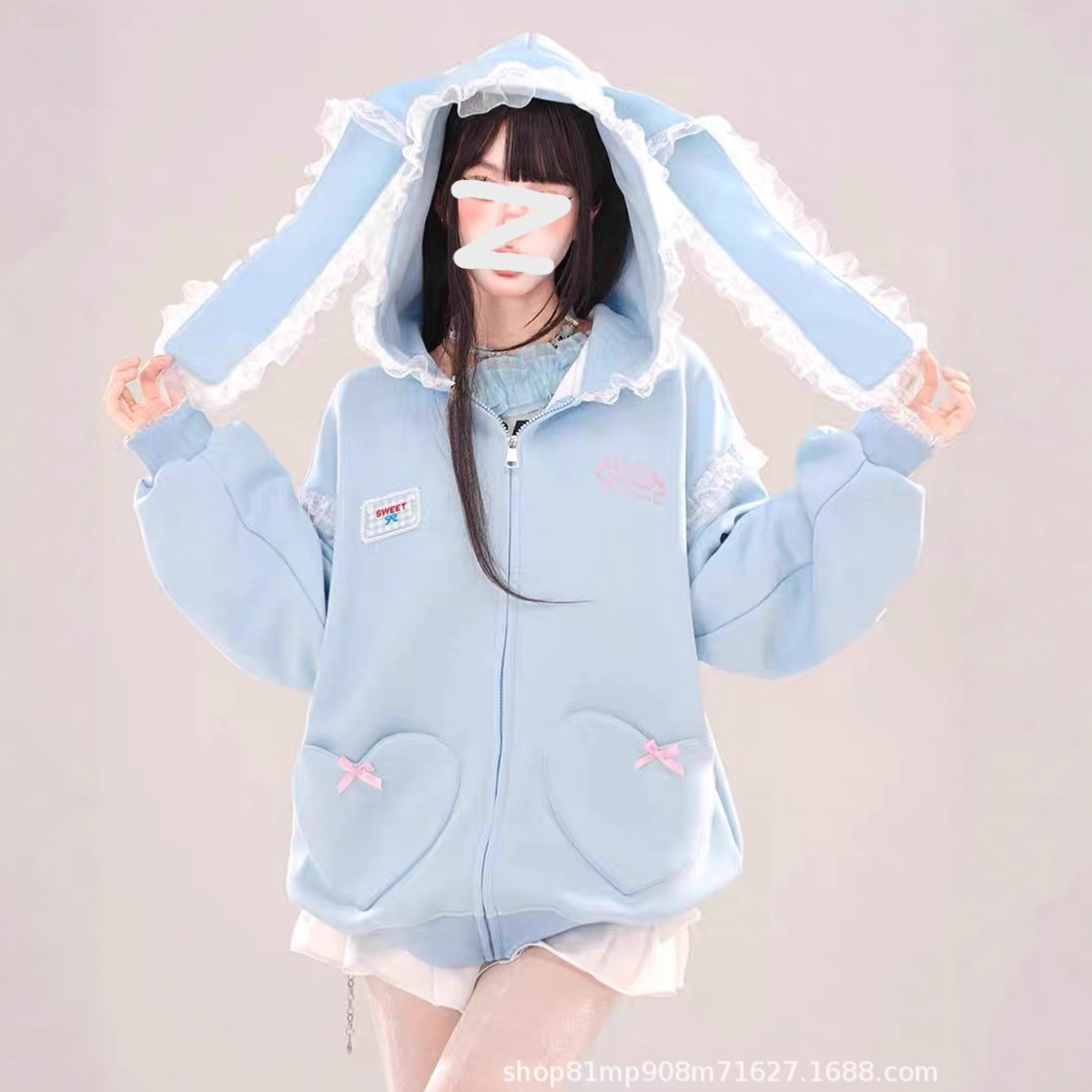 跨境加绒华棉复合超400克韩系蕾丝兔耳连帽卫衣外套女春秋季开衫