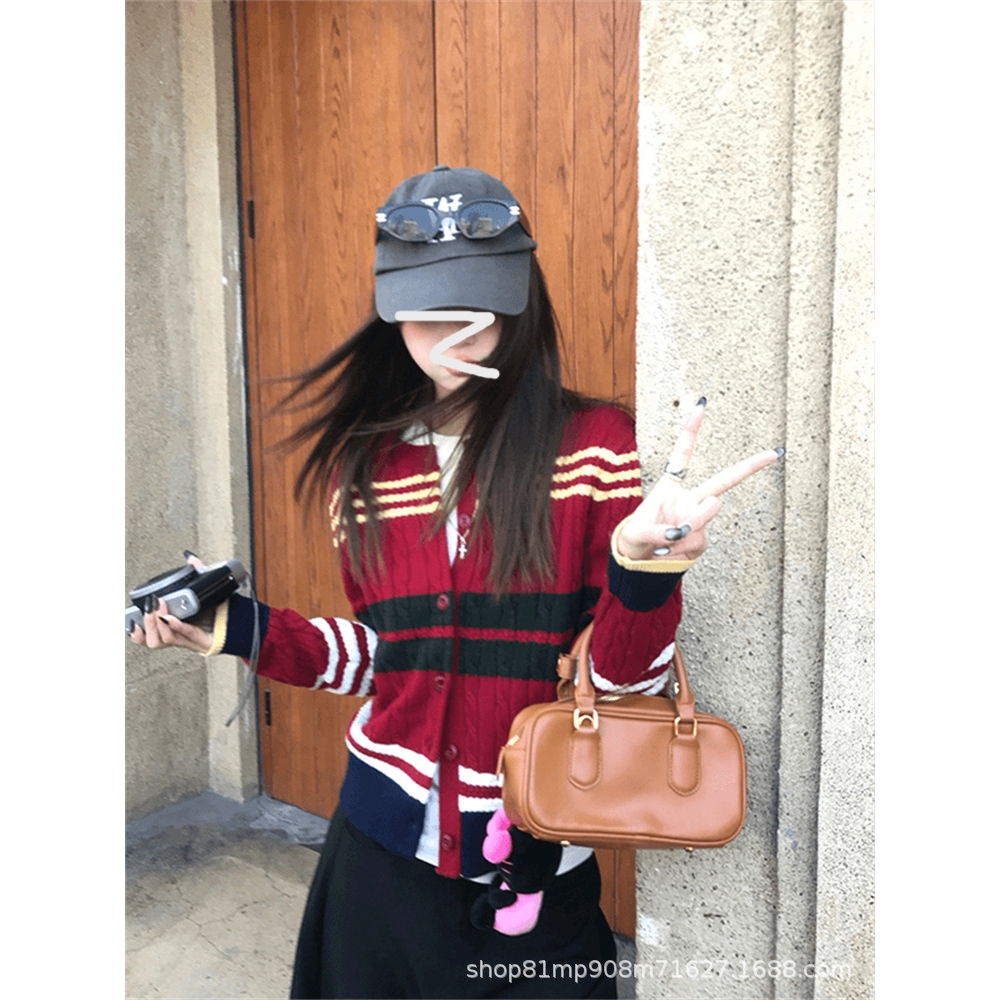 跨境撞色2025早春新款美式复古羊毛单排扣条纹开衫毛针织上衣别致