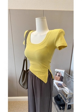 纯欲黄色短袖女t恤2025新款夏季辣妹修身正肩显瘦绝美短款小上衣