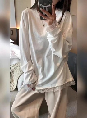 白色蕾丝花边假两件长袖T恤女春秋新款韩版宽松小个子慵懒上衣夏
