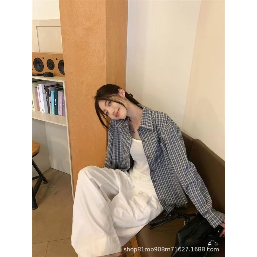 2025春秋韩系蓝色格子衬衫外套女春季宽松休闲慵懒风气质长袖衬衣