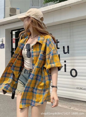通勤开衫复古黄色格子长袖衬衫女秋中长款法式衬衣日系设计感潮牌