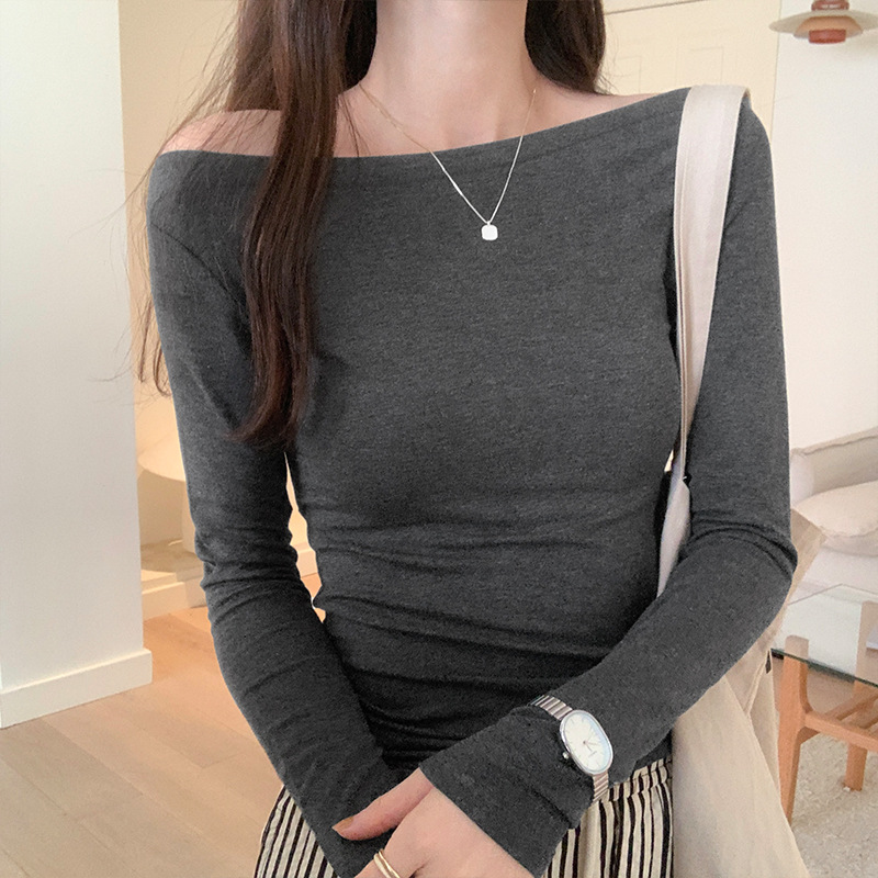 纯色长袖T恤女秋季2023新款设计感小众一字肩上衣修身显瘦打底衫