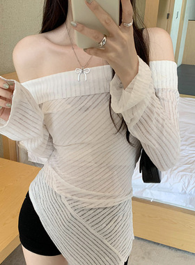 法式纯欲一字肩微透薄纱防晒罩衫T恤女夏季新款不规则甜辣小上衣