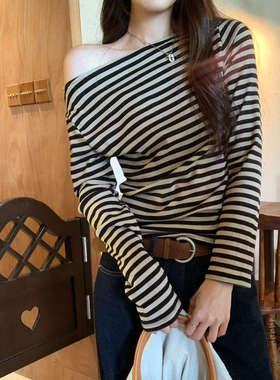 韩版撞色条纹一字肩长袖T恤女春季新款内搭打底衫上衣