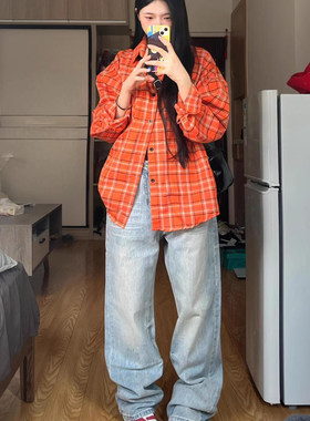 通勤开衫美式复古橙色格子长袖衬衫女宽松新款衬衣日系外套高级感