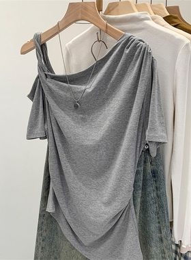 黑色一字领斜肩短袖T恤女夏季薄款体恤独特漂亮超好看的露肩上衣