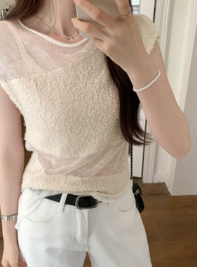 不对称设计感镂空拼接无袖针织衫女夏季2024新款法式辣妹薄款上衣