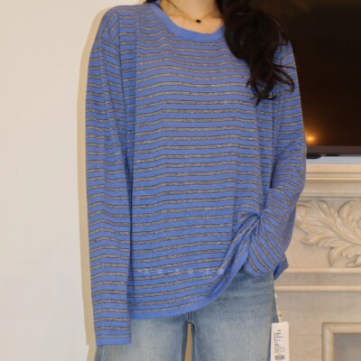 精纯JP 16针单边亚麻真丝透气休闲宽松条纹针织套头上衣6352