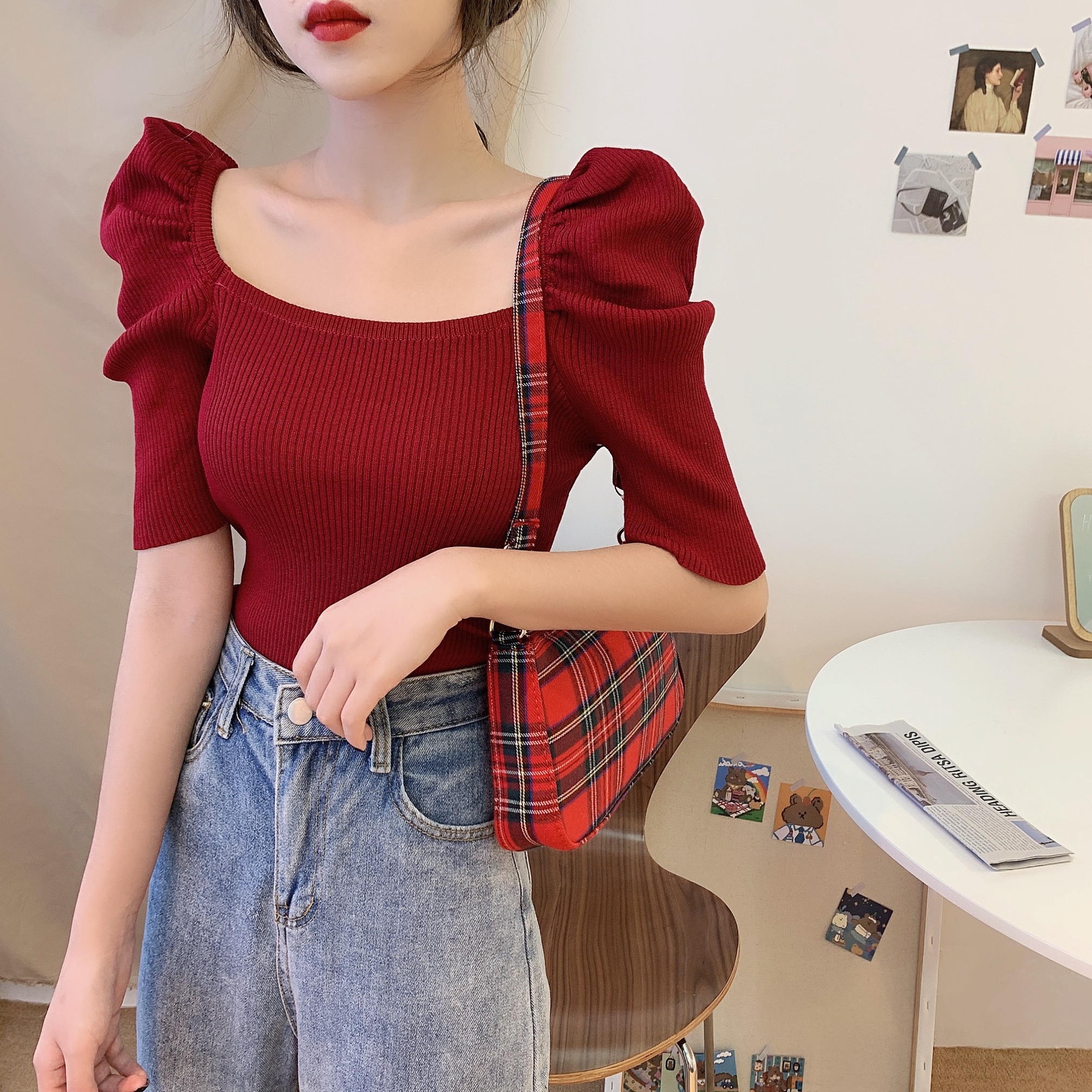 Real photo real price retro square neck slim bubble sleeve collar knitted shirt