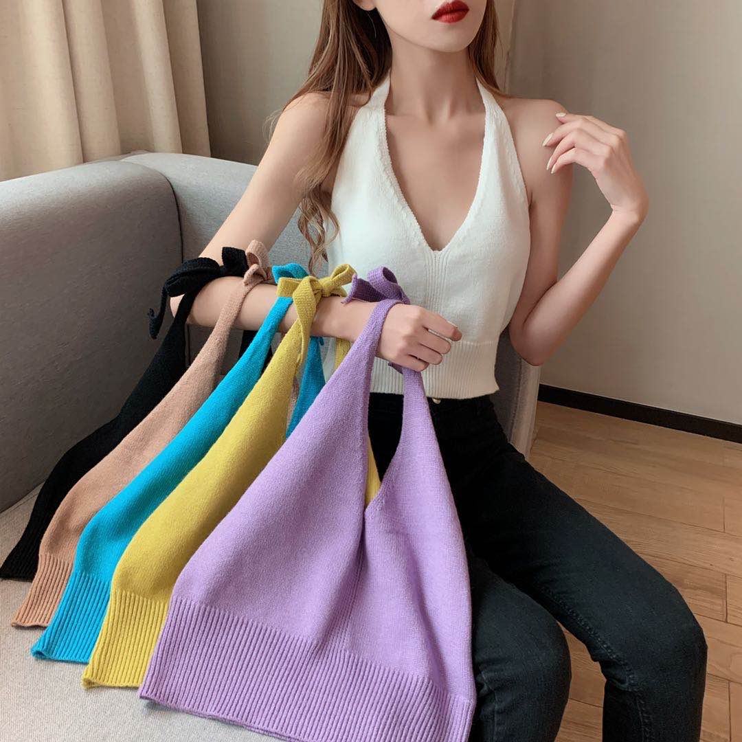 實拍實價    可甜可鹽純色6色掛脖系帶針織背心吊帶打底女