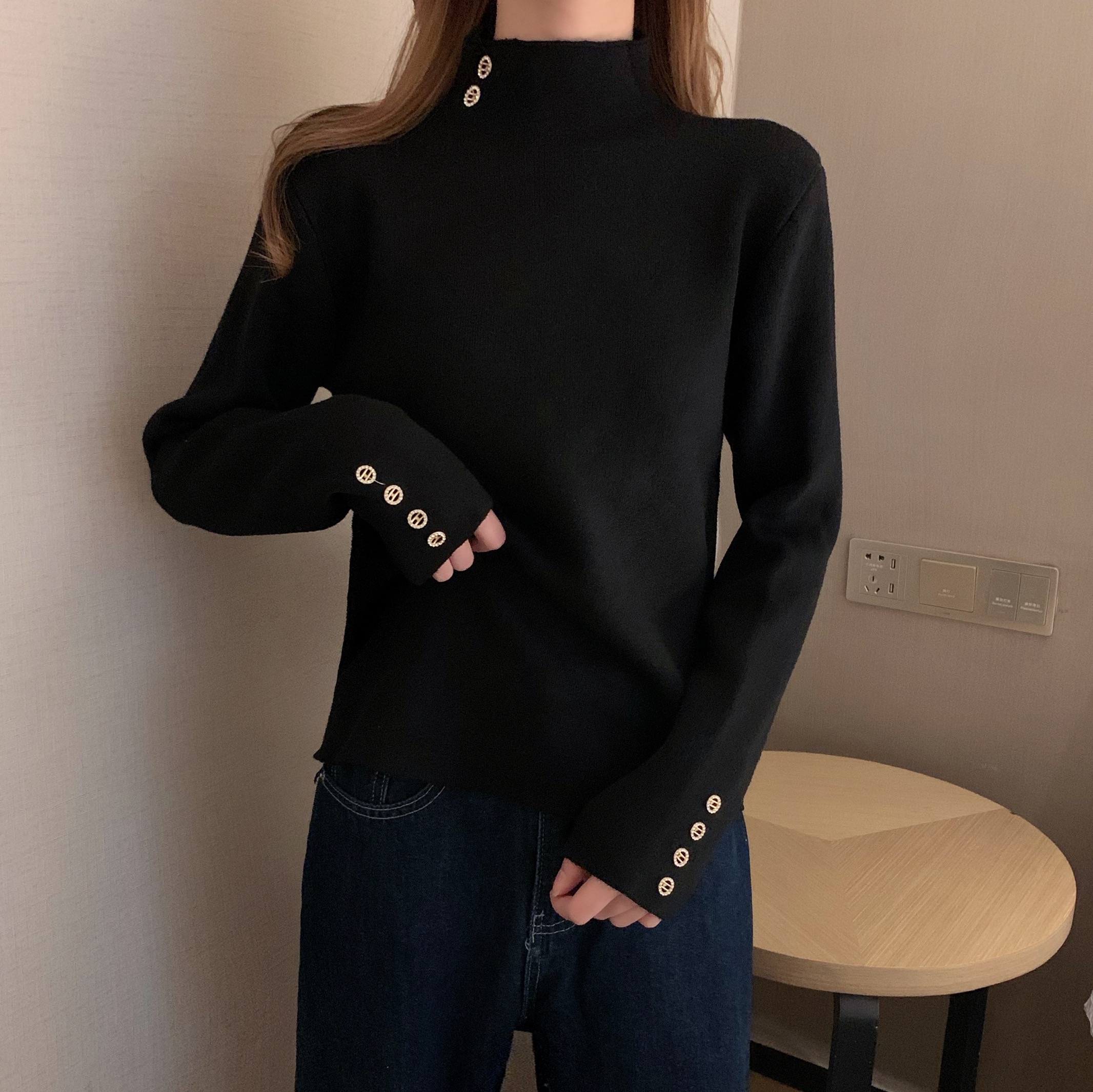 Real auction real price one-piece cashmere sweater half high collar drill button warm knitted bottom coat with cashmere and thickened OUTERWEAR COAT