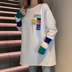 Real shot real price Korean Plush thickened bottomed shirt women's autumn and winter loose label contrast stitching T-shirt long sleeve