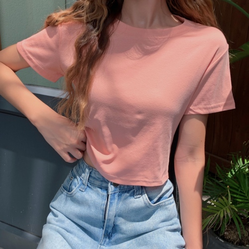 Real price cotton no pilling ~ New Korean summer candy round neck solid short T-shirt for women