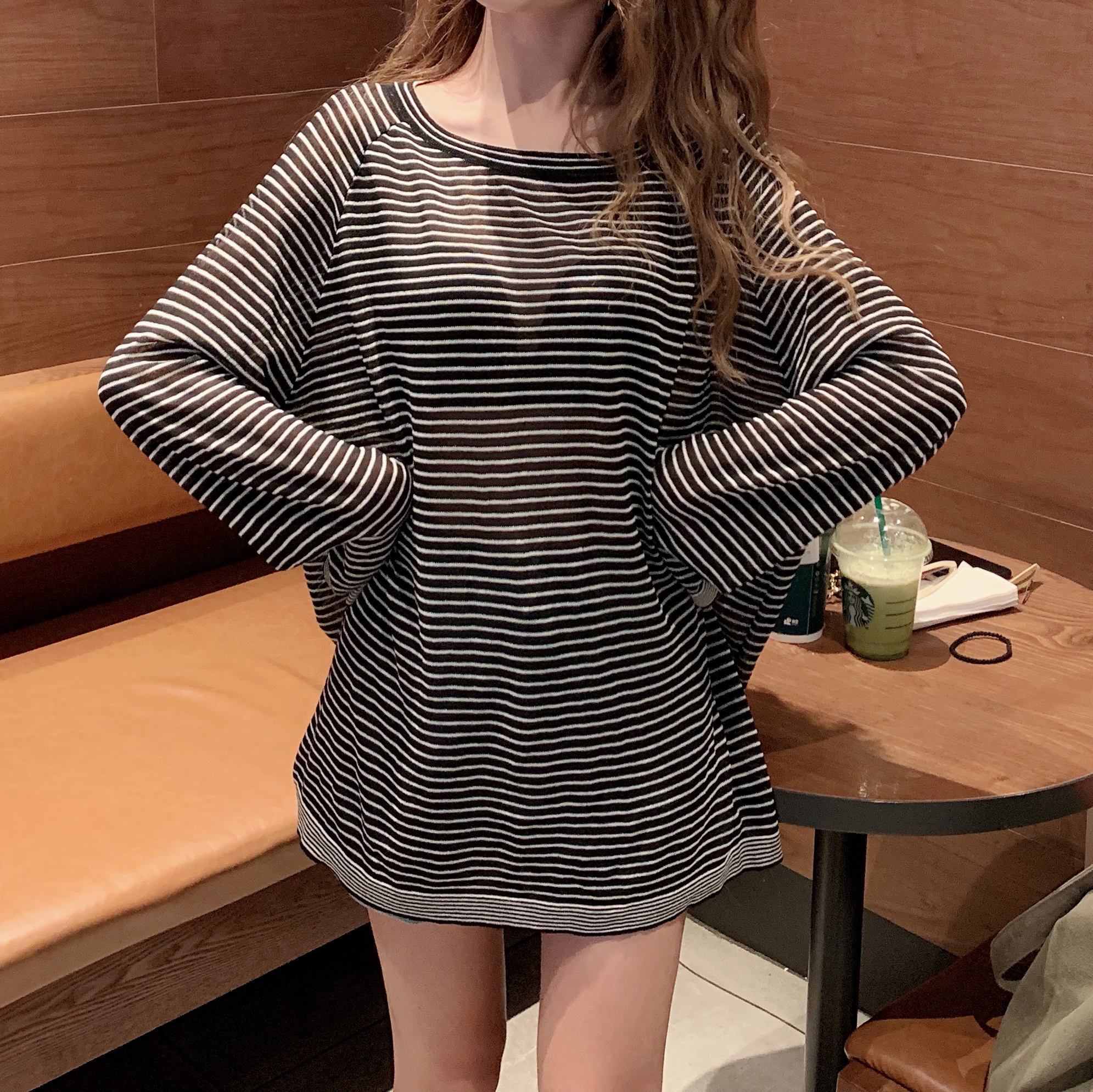 Real price thin stripe long sleeve knitted T-shirt women's summer loose sunscreen shirt women's top