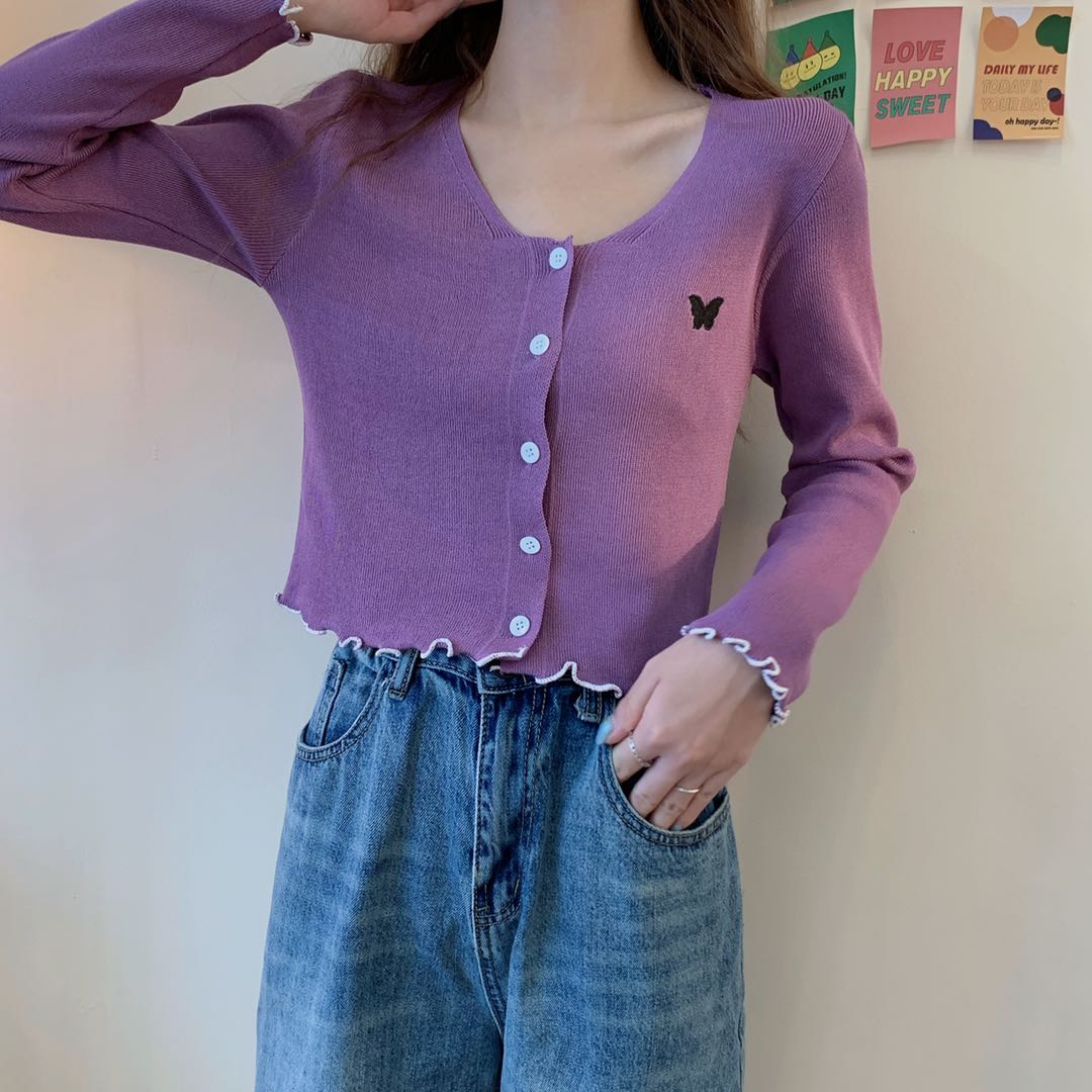 Korean embroidery long sleeve lace slim short cardigan top