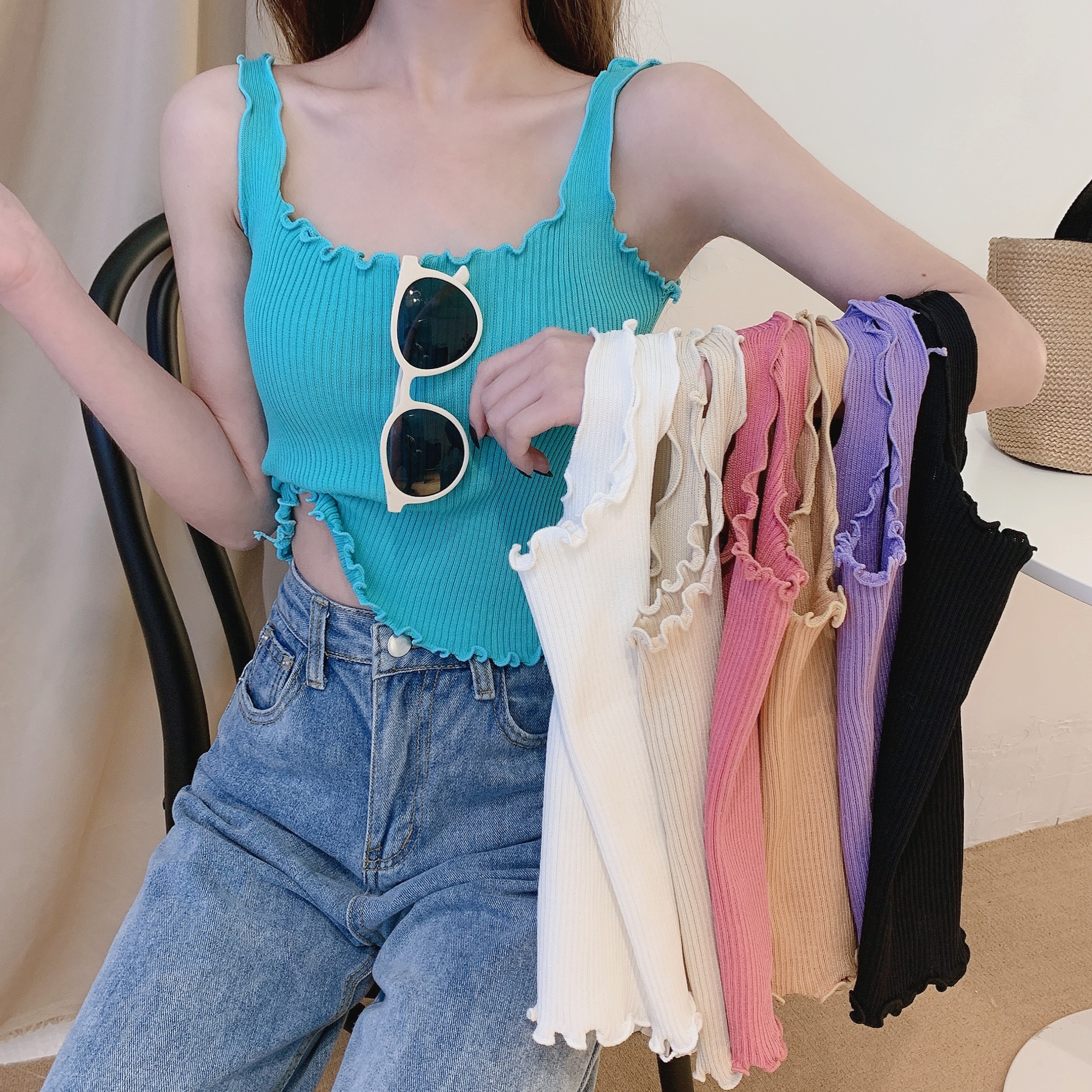 Real photo real price Korean version of Ruffle edge knitted open back vest slim short versatile top