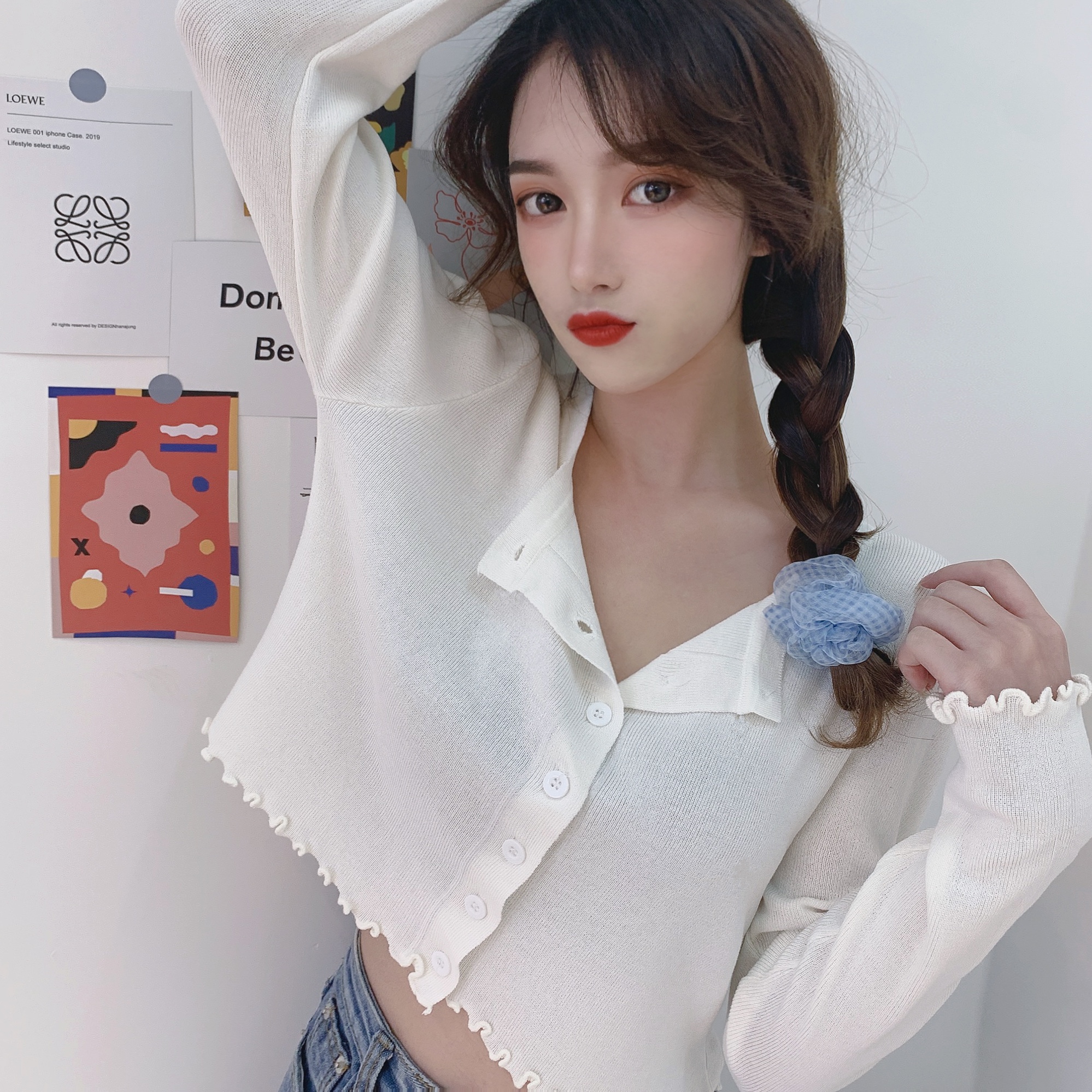 Real price long sleeve clavicle top with auricular edge