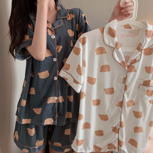 South Korea cute bear pajamas women's summer two piece cotton student home suit