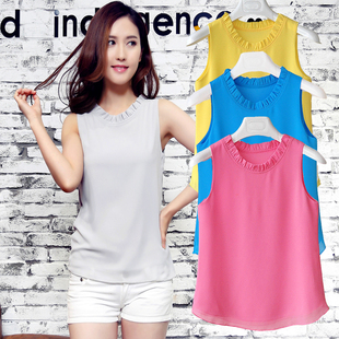 纯色宽松显瘦花边雪纺背心百搭打底衫 简约特价 夏季 女装 吊带潮 新款