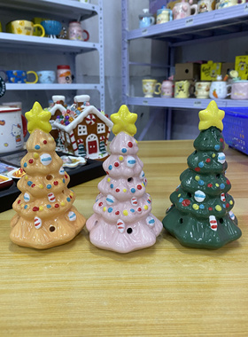 圣诞节陶瓷圣诞树小夜灯摆件粉色绿色姜饼色圣诞树生日礼物