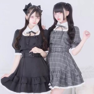 Meowchan日系爆款夏季假两件泡泡袖蕾蕾系量产型高腰修身连衣裙