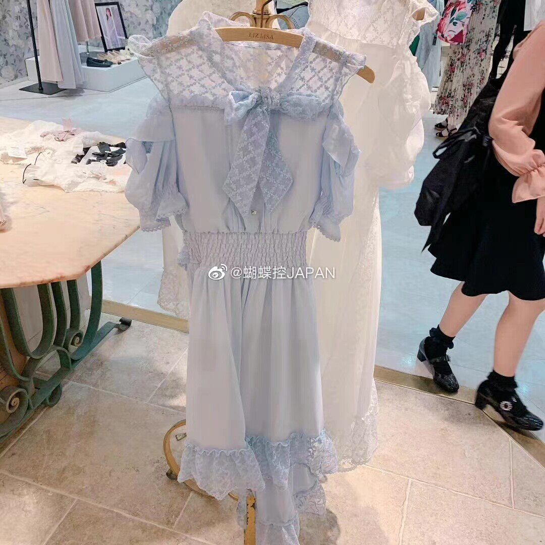搬仓清货日系liz夏季甜美淑女蕾丝蝴蝶结露肩雪纺连衣裙