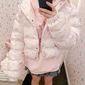 亏清秒杀日系贵牌新款少女软妹甜美碎花高腰连帽短款棉衣外套