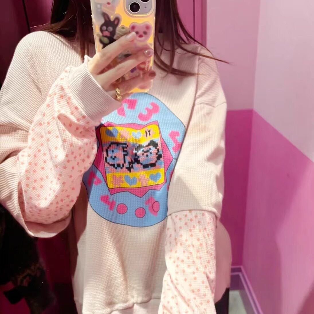 再入荷日系candy纯原新款拓麻歌子合作款可爱碎花假两件长款卫衣