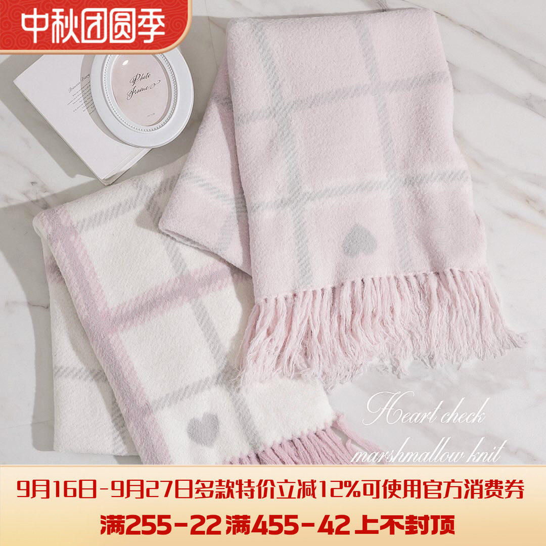Meowchan再入荷日系p家秋冬款蕾蕾系量产型格子爱心针织毛线围巾