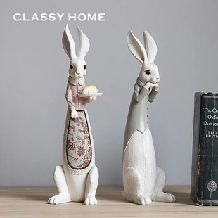 美式 布兰德乡村夫妻兔复古手绘工艺摆件 简约现代样板房家居饰品