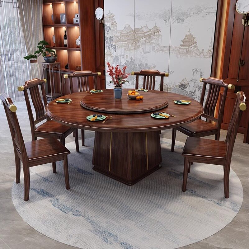 新中式乌金木大圆桌带转盘客厅家用别墅高档全实木吃饭桌子圆餐桌